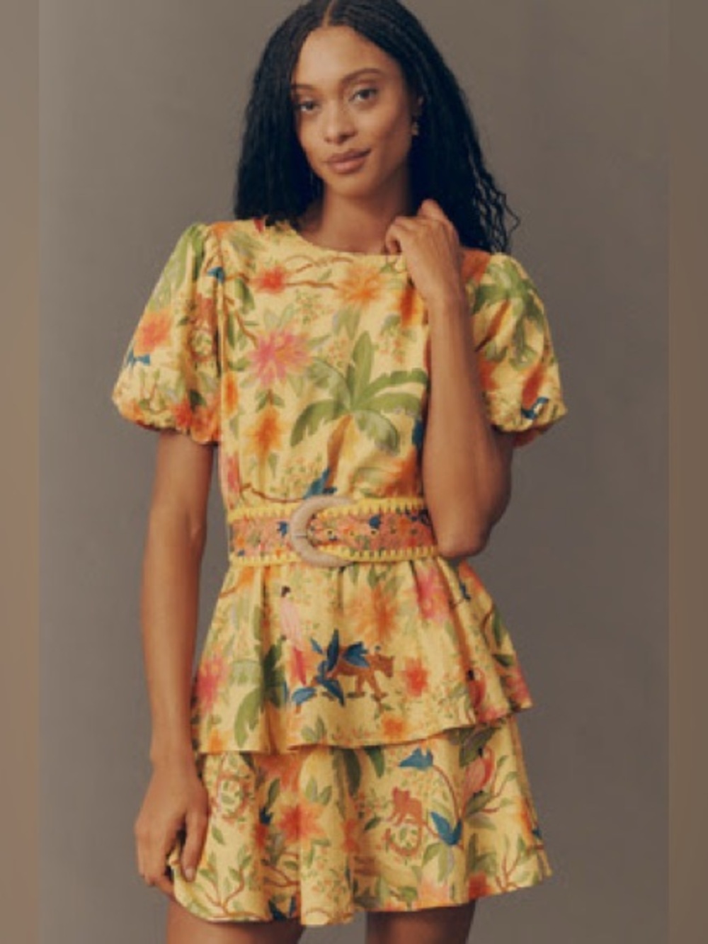 Farm Rio x Anthropologie Yellow Floral Puff-Sleeve Tiered Dress